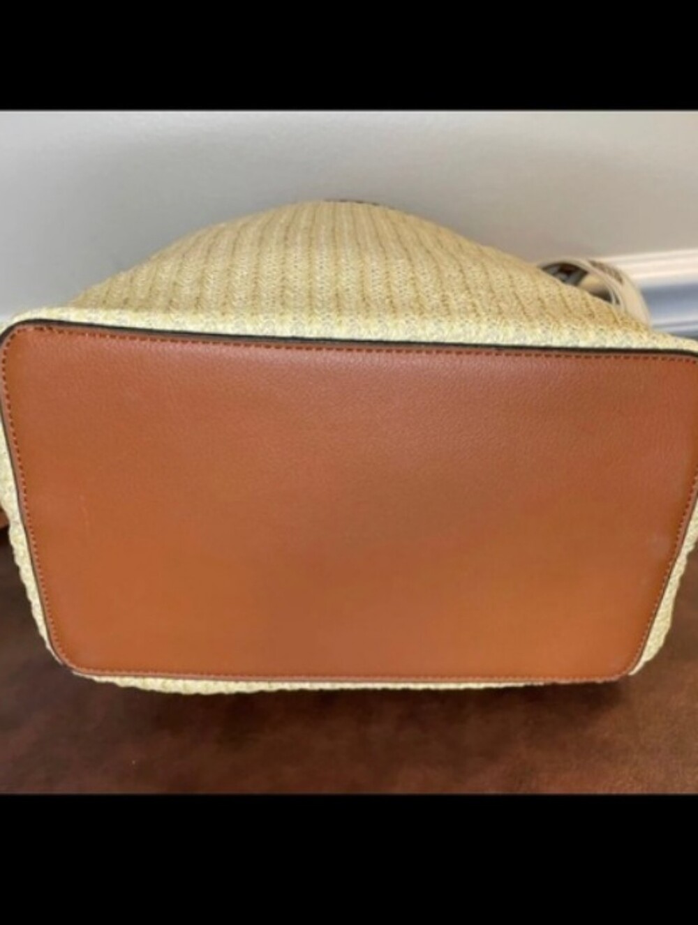 Steve Madden Tan & Cream Raffia Crossbody Bucket Bag with Logo Strap - Picture 6 of 6